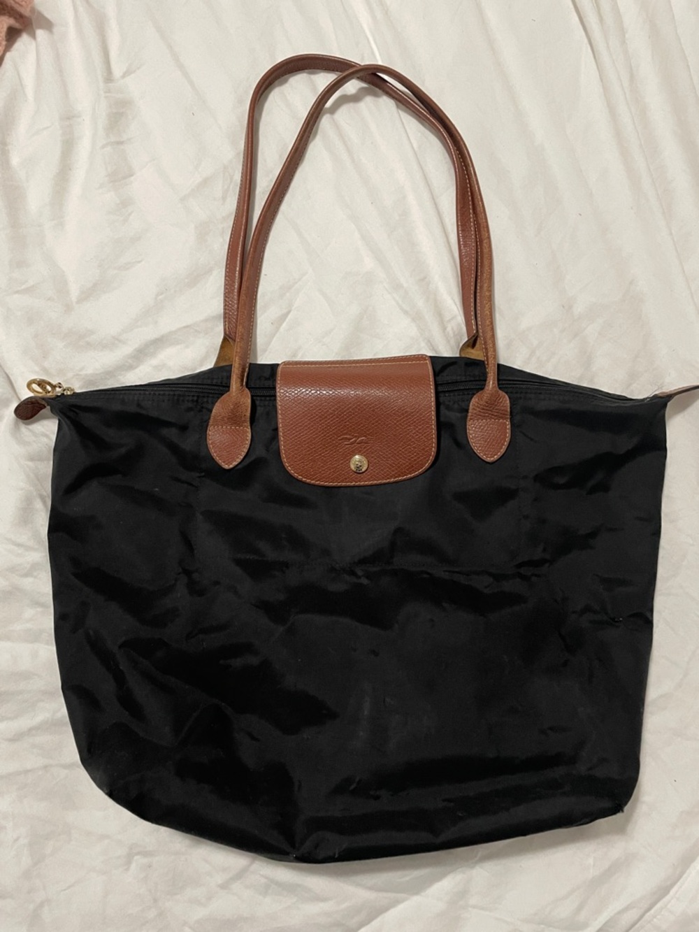 Longchamp Black Nylon Tote with Brown Leather Trim and Handles